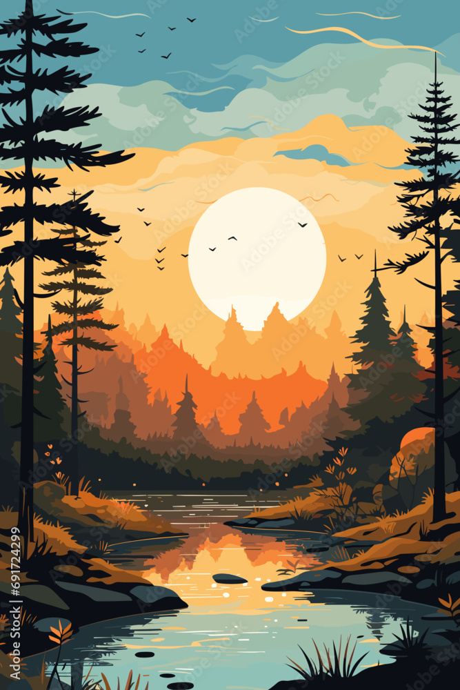 sunset in the mountains in forest, vector simple illustration