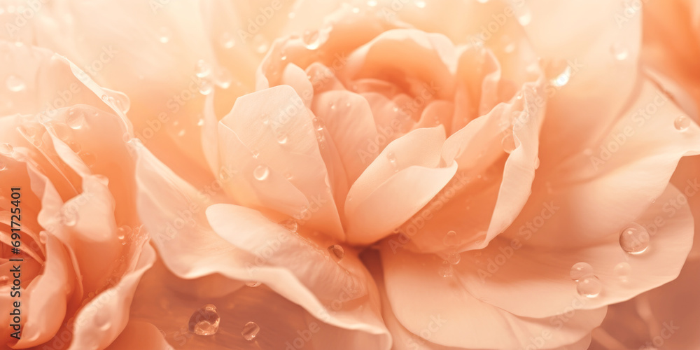 A close up of a flower with water droplets on it. Monochrome peach fuzz background. A close up of a flower with water droplets on it. Monochrome peach fuzz background.