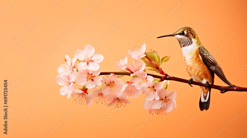 A hummingbird perched on a branch of a cherry tree. Monochrome peach fuzz background.