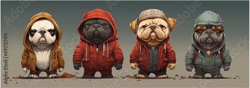Collection of bulldog dogs with hi-pop clothes photo