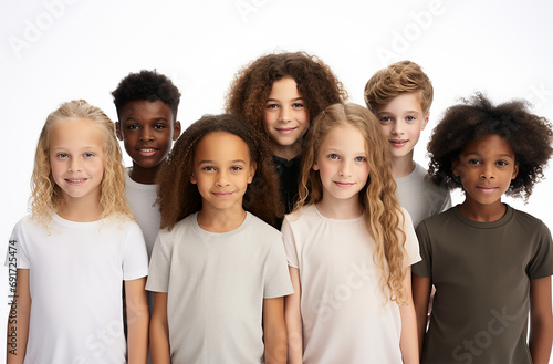 Kids girls and boys with different ethnicities looking at the camera with white background