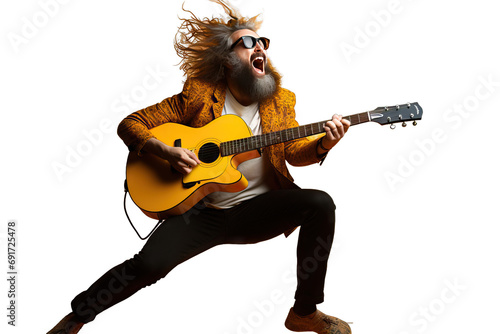 beard blue instrument colourful portrait attire casual modern colours play singer music sitting chair photogenic hipster acoustic playing musician Crazy Bearded Man Guitar Jumping Yellow Background