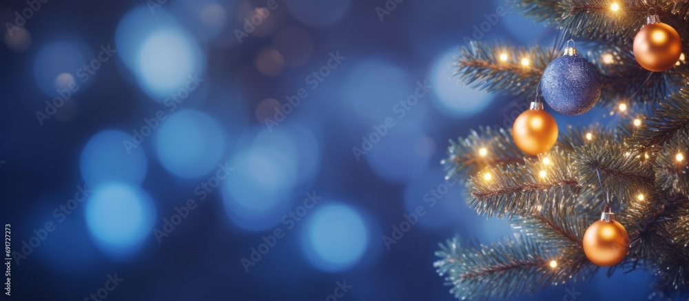 Christmas Tree With Ornaments In Blue And Bokeh Lights - Real Fir Branches With Glittering In Abstract Defocused Background Christmas Tree With Ornaments In Blue And Bokeh Lights - Real Fir Branches With Glittering In Abstract Defocused Background