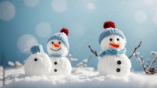 little knitted snowmans on softsnow on blue background generative ai