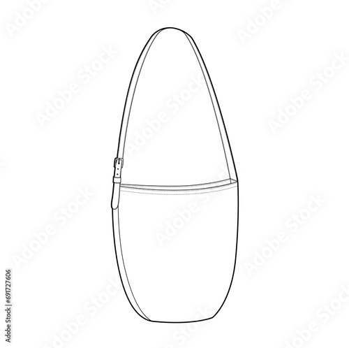 Slim Saddle Bag with curved lines hobo silhouette bag. Fashion accessory technical illustration. Vector satchel front 3-4 view for Men, women, unisex style, flat handbag CAD mockup sketch outline