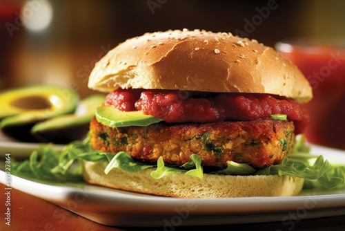 Vegan Burger with Vegetables and Sauce on Plate. Healthy Food Concept