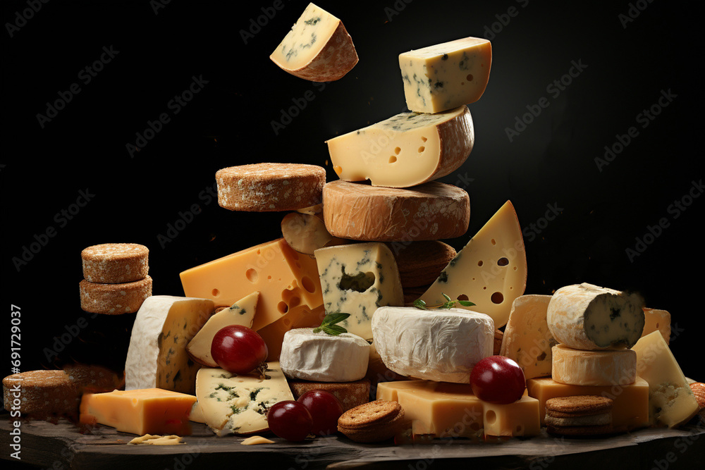 Cheese composition. Different types of cheese, pieces, levitation. Generative AI.