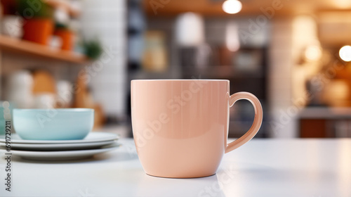 A modern Peach Fuzz 2024 colored mug rests on a kitchen counter, offering a fresh start to the day in a trendy home setting.