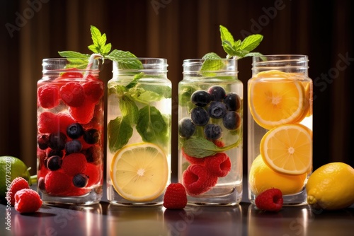 Fruit Lemonade in Mason Jar on Blurred Background