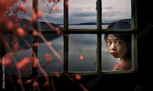 Window Frame Landscape Japanese, Geisha girl looking through a window, lake landscape, dark moody, fine art photography, noir horror spooky eerie arthouse arty bizarre cinematic photo photo