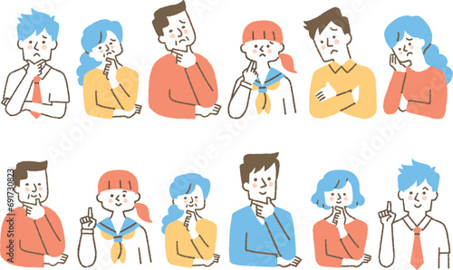 疑問を抱えている人と解決した人たちのセット_色