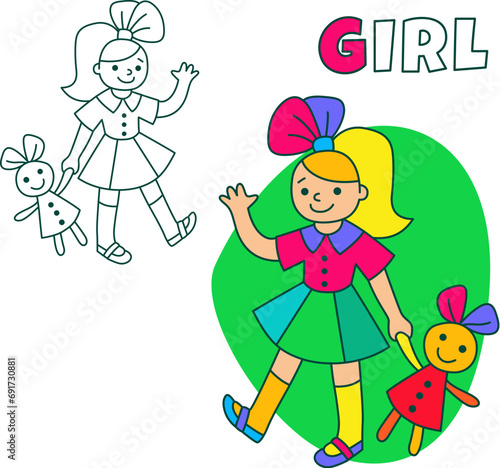 Small girl coloring page cartoon illustration. School child simple clip art vector design for kids isolated on white backround