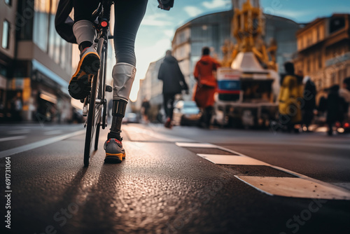 Low angle and selective focus view of disabilities people's prosthetic legs of rider who ride bicycle on the street. photo