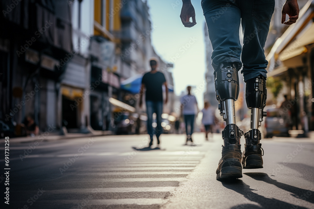 Naklejka premium Low angle and selective focus view of disabilities people's prosthetic legs on the walking street with crowd of people.