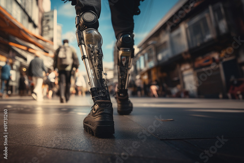 Low angle and selective focus view of disabilities people's prosthetic legs on the walking street with crowd of people.
