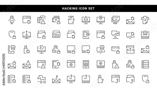 Hacking line icon design set. Fraud icon, online theft security in black colors