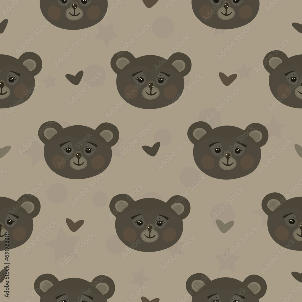 Cute brown bears, scandinavian design, vector seamless pattern, endless background