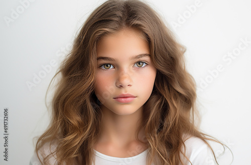 European white young girl looking at the camera with white background