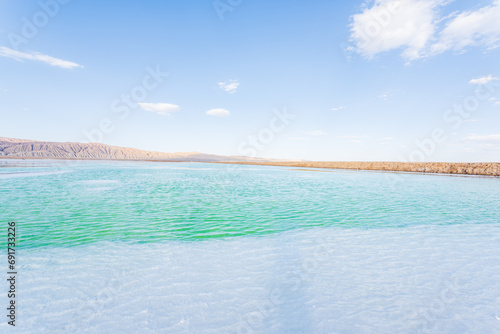 Beautiful view of sky mirror at Mangya Emerald Lake in Qinghai, China