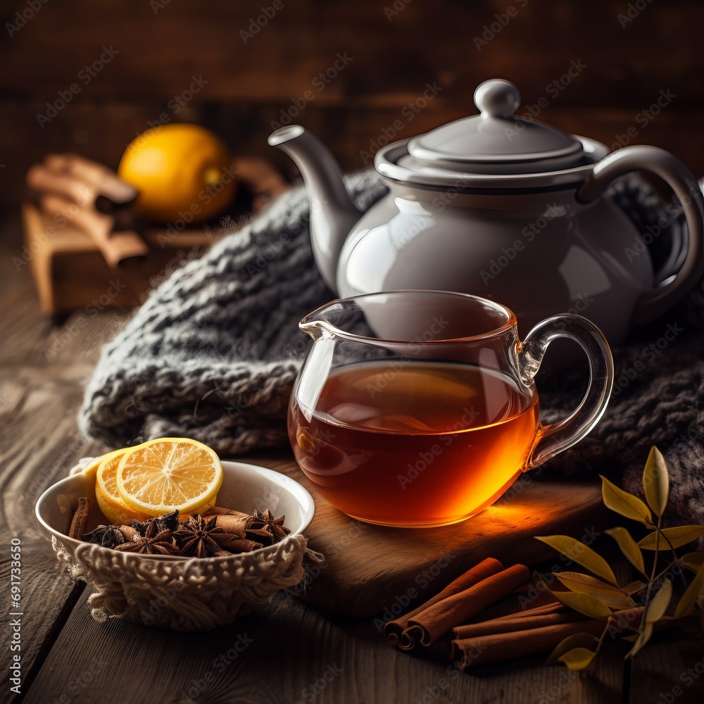 steaming cup of Earl Grey tea sits on a rustic wooden table, surrounded by loose tea leaves, a vintage teapot, and a cozy knitted blanket steaming cup of Earl Grey tea sits on a rustic wooden table, surrounded by loose tea leaves, a vintage teapot, and a cozy knitted blanket