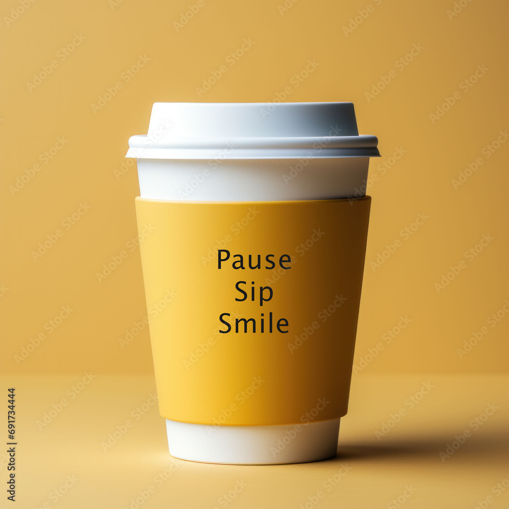 'Pause Sip Smile' text on a yellow coffee cup against a golden background, promoting a joyful coffee experience and a reminder to enjoy the little moment 'Pause Sip Smile' text on a yellow coffee cup against a golden background, promoting a joyful coffee experience and a reminder to enjoy the little moment