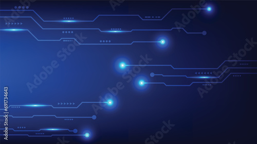 Hi tech digital circuit board. electrical lines connected on blue lighting background. futuristic technology design element concept
