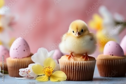 Easter cupcake with holiday themed background, selective focus with copy space © top images