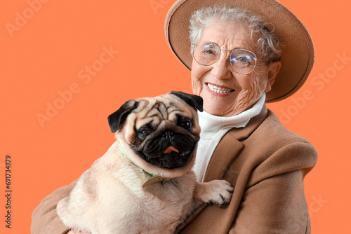 Fototapeta Naklejka Na Ścianę i Meble -  Senior woman with pug dog on orange background, closeup