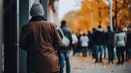 European people queue on street outside.