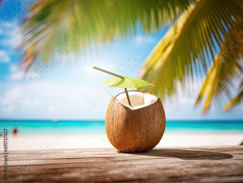 coconut drink in coconut shell on the beach