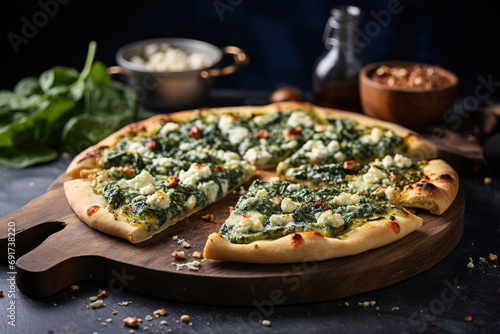 Vegan spinach and feta pizza, close up