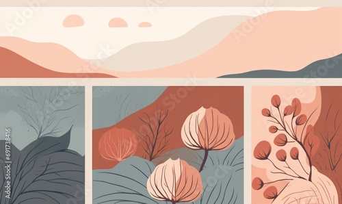 Simple Minimalist Nature Background Wallpaper, Earthy Muted Eco pink and brown tones, Abstract Landscape with plants and sky, soft colors, empty scene, graphic design, vintage, retro, scandi look art