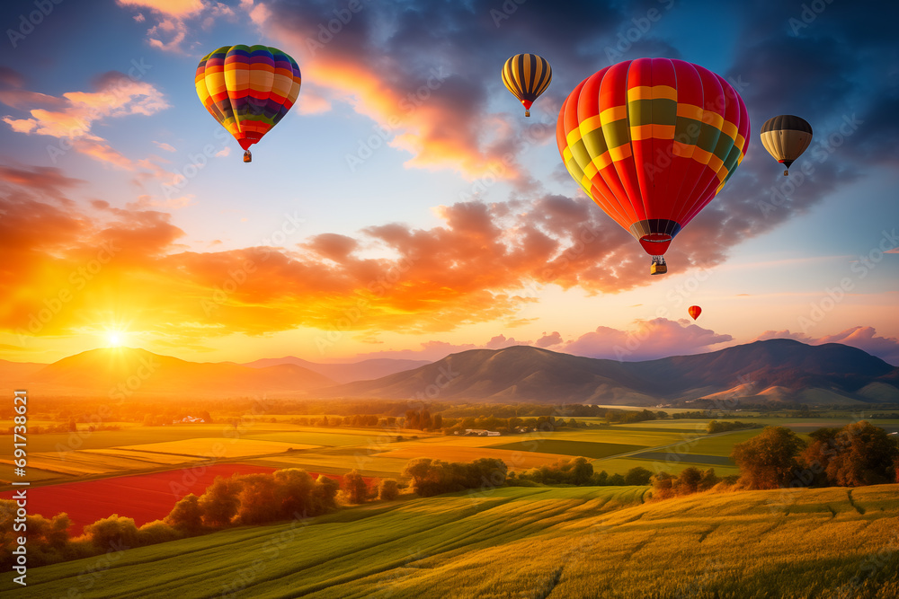 Naklejka premium A colorful hot air balloons floats in sky over a blooming field meadow of flowers landscape at sunset with orange and blue skies in the background. Travel journey adventure beauty of nature concept