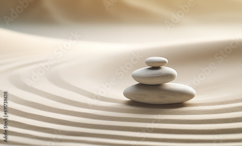 Zen stones stack on raked sand in a minimalist setting for balance and harmony. Balance  harmony  and peace of mind  wellness  meditation  and spirituality concept