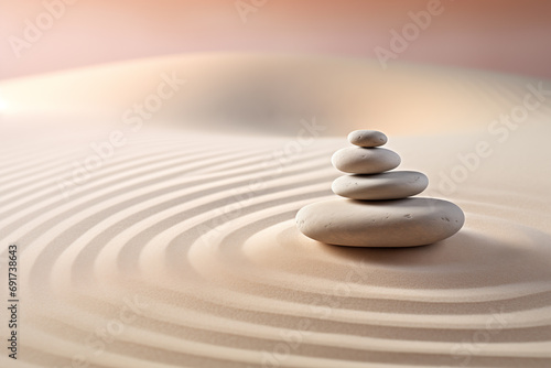 Zen stones stack on raked sand in a minimalist setting for balance and harmony. Balance, harmony, and peace of mind, wellness, meditation, and spirituality concept