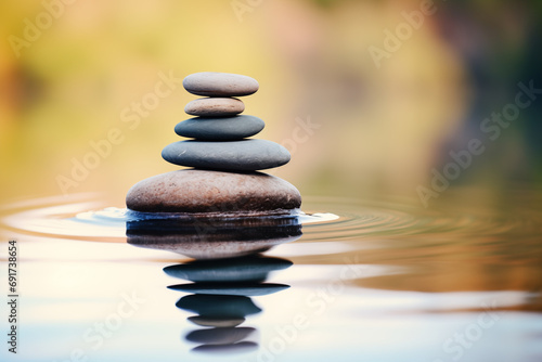 Stack of zen stones on water with a nature background. The image conveys a sense of balance, harmony, and peace. Suitable for use in wellness, therapy, and relaxation concepts
