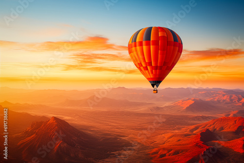 A colorful hot air balloon floats in sky over a desert mountain landscape at sunset with orange and blue skies in the background. Travel journey adventure beauty of nature concept © Dmitry Rukhlenko