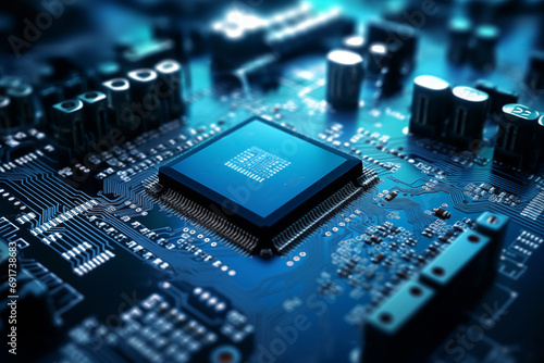 Close-up image of a blue circuit board with a central microchip processor CPU with various electronic components and connections. Technology, computer hardware, and manufacturing industries