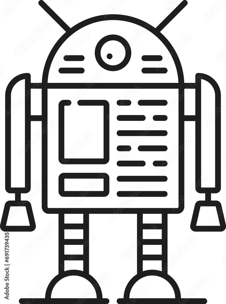Robot line and outline icon. Isolated vector linear metallic humanoid figure with one eye, sharp angles, and futuristic elements, representing technology, automation, and artificial intelligence Robot line and outline icon. Isolated vector linear metallic humanoid figure with one eye, sharp angles, and futuristic elements, representing technology, automation, and artificial intelligence