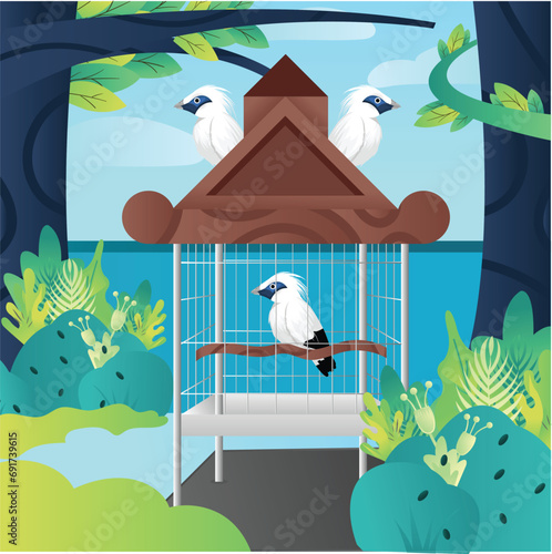 vector illustration of Jalak Bali in a cage