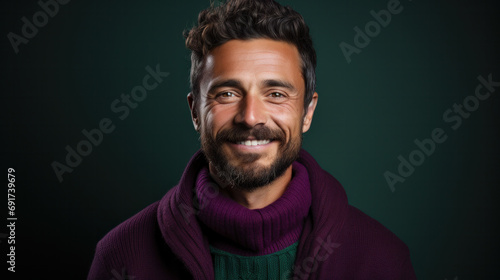 Portrait of attractive cheerful european man wearing modern specs isolated over purple violet color background