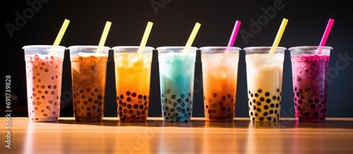 Bright drinks with bubbles on a dark background photo