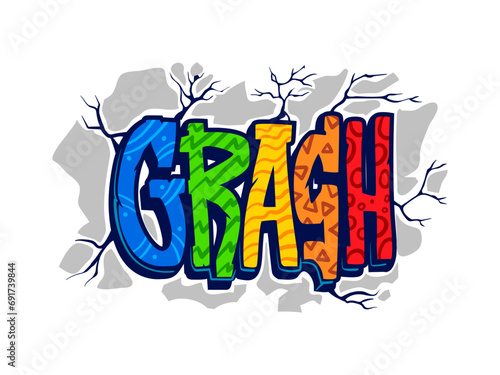 Crash graffiti street art, urban style. Street art background, teenage or Hip Hop culture airbrush text isolated vector scribble. Graffiti grunge print with crash colorful text and cracks in wall