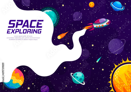 Space explore, cartoon spaceship flying in galaxy space to planets, vector background. Outer space adventure and spaceflight to sun and galactic worlds with rocket or spacecraft shuttle in starry sky