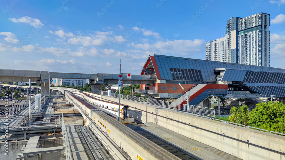 Bangkok monorail pink line tracks crossing with orange line and station Bangkok monorail pink line tracks crossing with orange line and station
