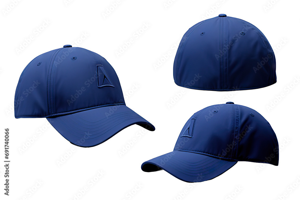 clothing uniform health 4 print object snap wear fabric merchandise colours visor head background side blank template isolated white hat Blue angles view front back Mockup baseball cap your design