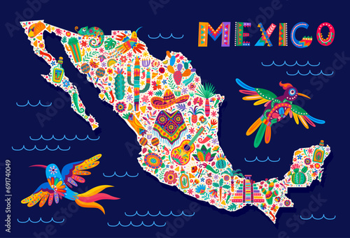 Mexican map silhouette with national symbols and tropical plants. Vector cartography contour filled with sombrero, poncho, cacti and humming-bird, maracas, turtle and tex mex food, pepper or tequila