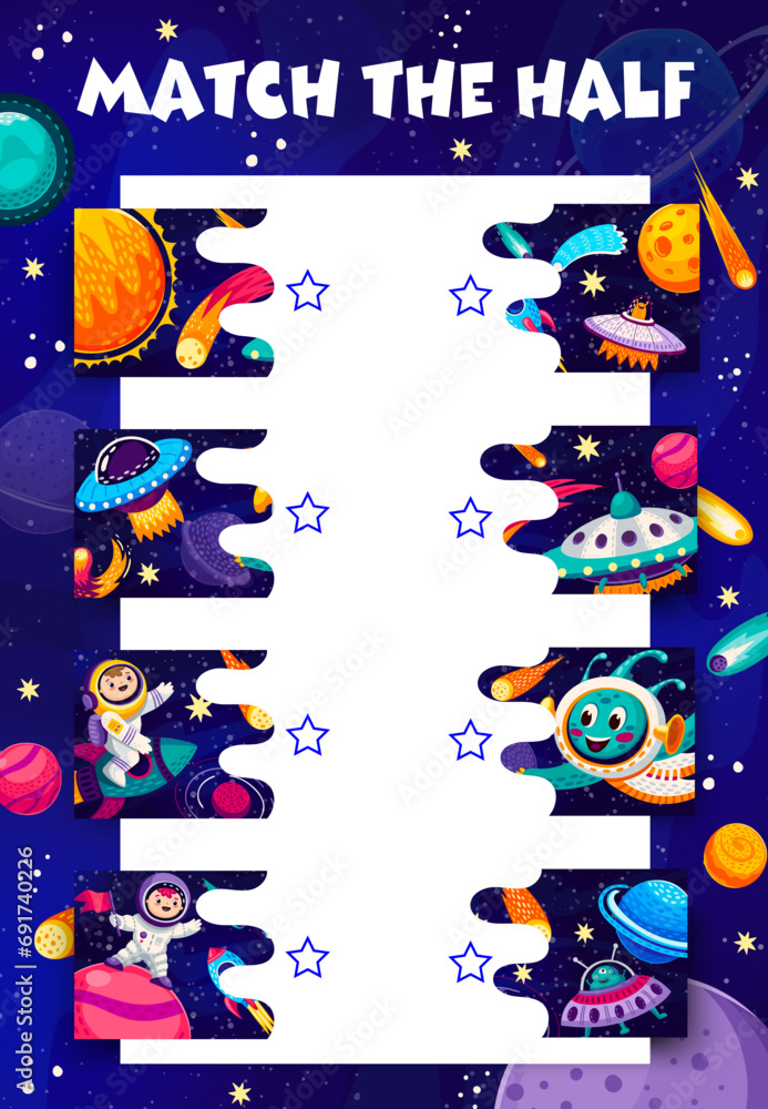 Match the half of cartoon space characters game puzzle quiz. Vector kids education worksheet