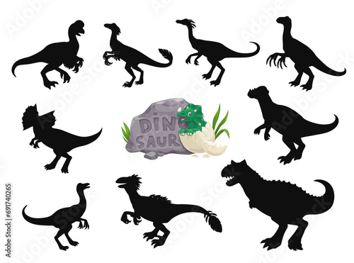 Cartoon dinosaurs funny characters silhouettes. Extinct reptile, Jurassic dinosaur vector mascot. Carnotaurus, Oviraptor, Pachycephalosaurus and Dilophosaurus, Compsognathus, Gallimimus cute personage