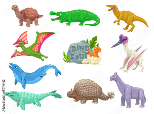 Cartoon dinosaurs animal comical characters. Extinct animal, paleontology reptile or cute vector personages. Carbonemys, Sarcosuchus, Baryonyx and Tapejara, Basilosaurus, Mosasaurus funny dinosaurs